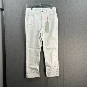 Laurie Felt Regular Daisy Floral Embroidered Ankle Jeans White, Reg 10